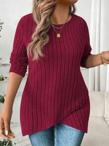 EMERY ROSE Women's Asymmetrical Hem Ribbed Knit Crew Neck Long Sleeve Plus Size T-Shirt, Spring/Autumn - Burgundy - View 1