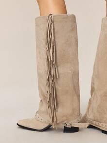 Women's Vintage Fringe Decor Chunky High Heel Ankle Boots - Beige - View 4