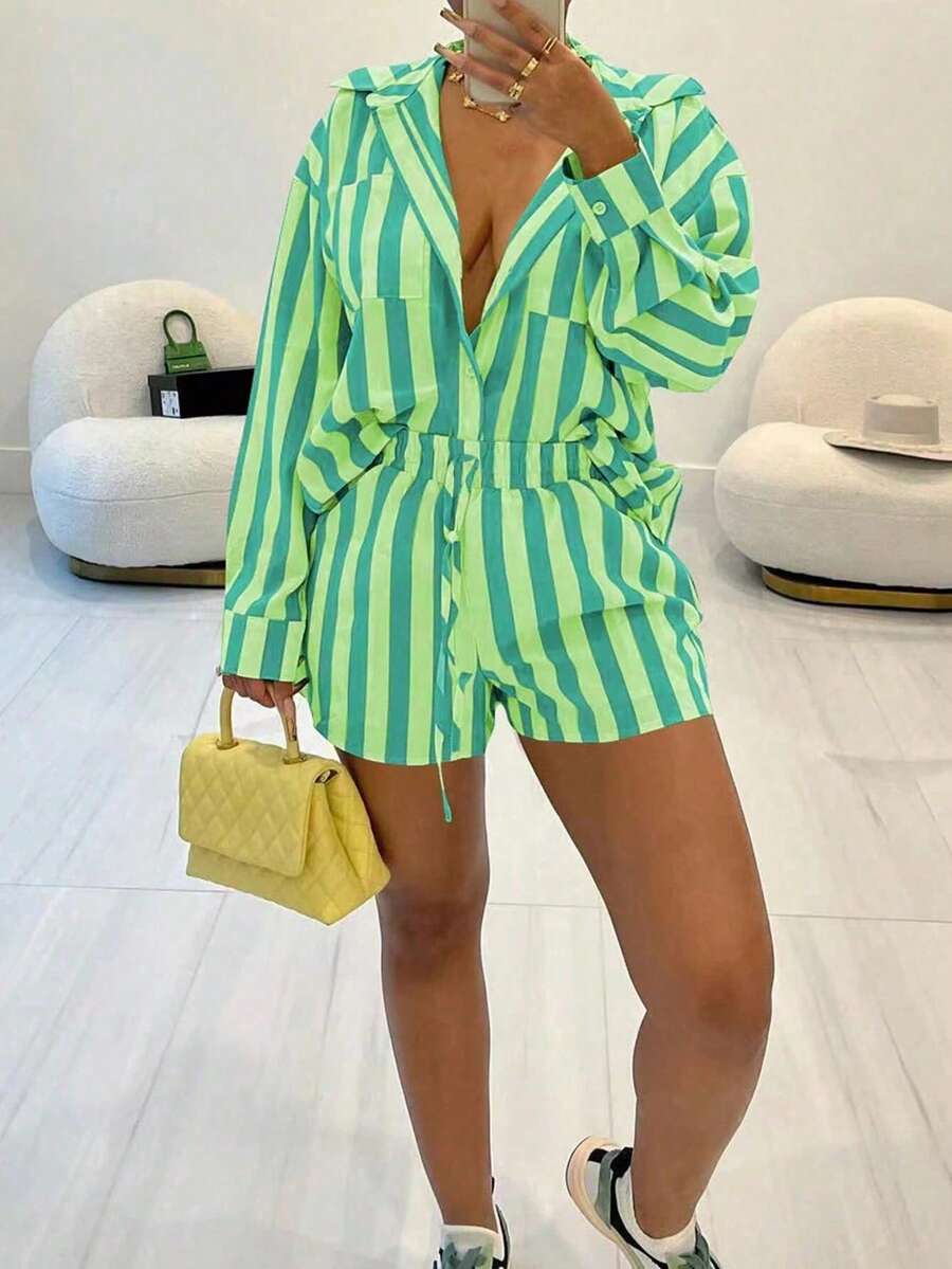 SHEIN Women's Striped Loose Fit Drop Shoulder Long Sleeve Shirt And Shorts Casual Two Pieces Set For Spring & Summer Fall Cloth For Women - Green - View 1