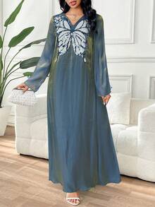 Yasmyna 女士土耳其长款连衣裙和阿拉伯传统长袍 - 藍色 - 查看 6