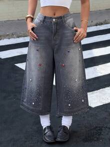 Muchica Women's Pocketed Button Rhinestone Decor Fashion Versatile Commuting Casual Wide Leg Denim Shorts - Black - View 8