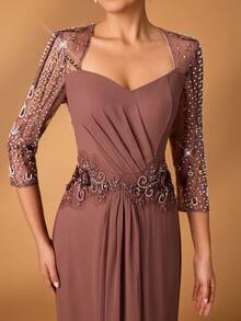 Serin 女士优雅灰粉色珍珠串珠刺绣网纱雪纺褶皱透明长袖褶皱亮片贴花美人鱼裙摆连衣裙，适合新娘母亲、正式活动、婚礼、派对、正式场合穿着。 - 鏽棕色 - 查看 3