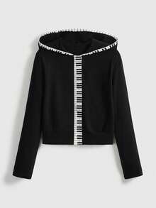 ROMWE J-Fashion Y2K Piano Key Print Fitted Women Sweatshirt - Black - View 1