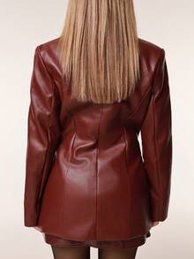 Katetique Veste de costume en PU bordeaux vintage avec taille cintrée pour femmes. Tenue de bureau, sirène, Halloween, Thanksgiving, Noël, automne/hiver - Rouge foncé - Voir 2