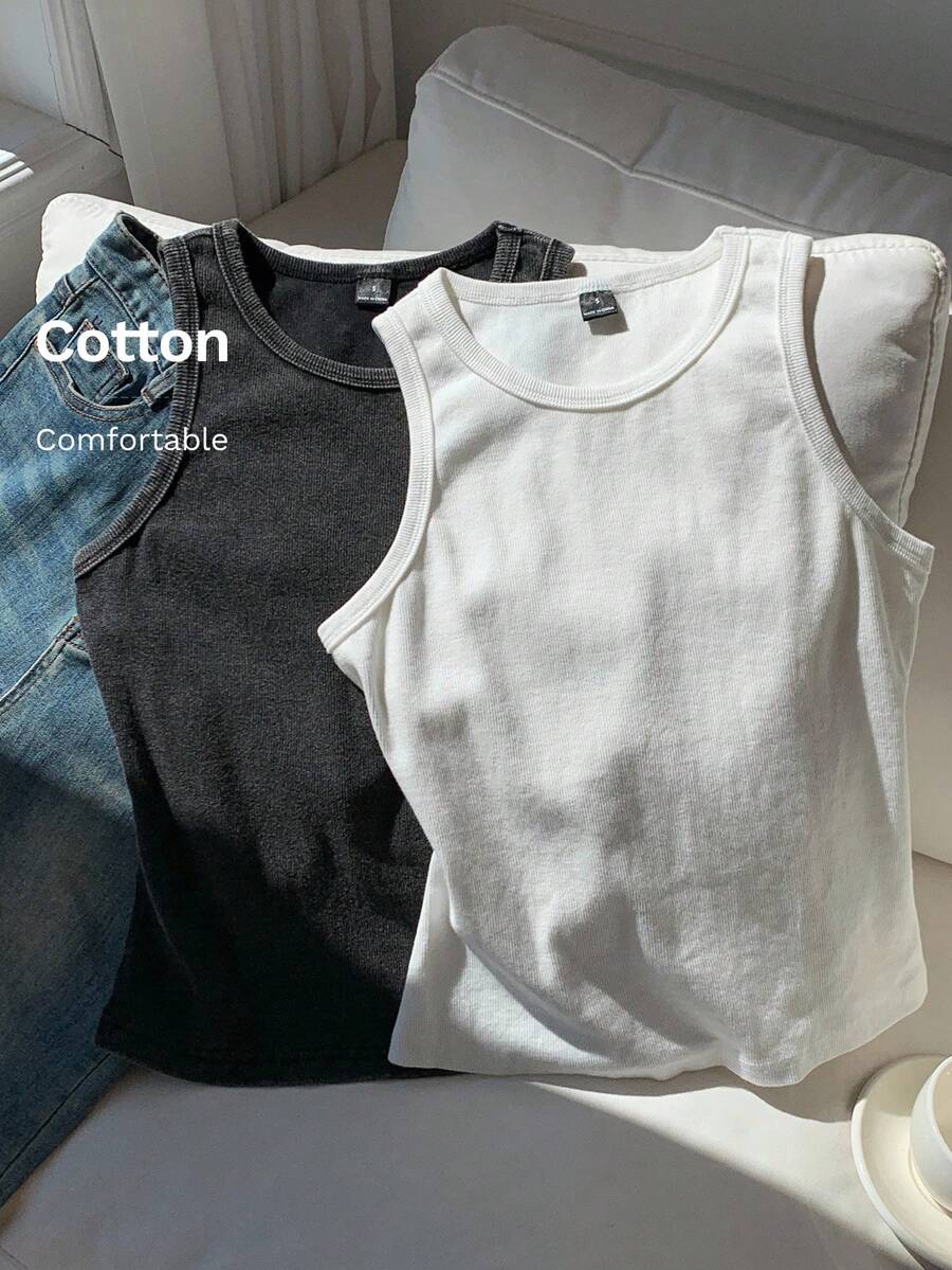 Comfortcana 2 piezas Camiseta de punto de cuello redondo sin mangas, unicolor negro y blanco, lavada y cómoda, talla grande, primavera/verano - Multicolor - Ver 1