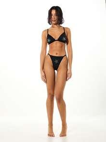 SUMWON WOMEN 镶钻星星图案三角罩杯聚拢文胸和丁字裤套装，黑色性感内衣 - 黑色 - 查看 3