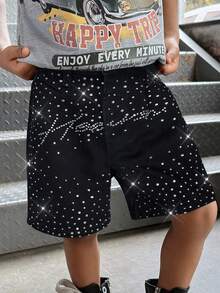 SHEIN Young BoyGlitter Letter Rhinestone Decor Black Denim Loose Shorts - Black - View 3