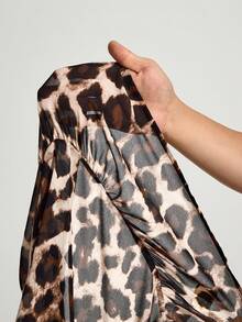 Truni Fall Clothes For Women,WinterPlus Size Women Leopard Print Tie Front Flare Sleeve Fashionable T-Shirt, Leopard Print - Brown - View 8