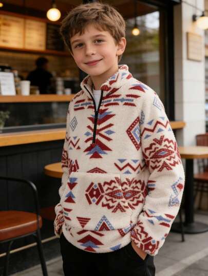 Chaqueta de forro polar con media cremallera, bolsillo canguro y estampado geométrico, estilo vaquero informal de vacaciones para niño preadolescente, otoño/invierno