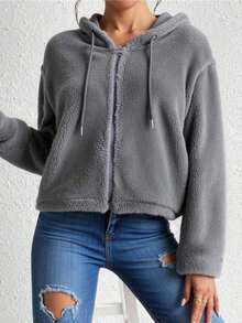 Sudadera de invierno para mujer, de color liso, de doble cara, de forro polar coral con cremallera y capucha, holgada, talla grande, cálida y cómoda. - Gris - Ver 3