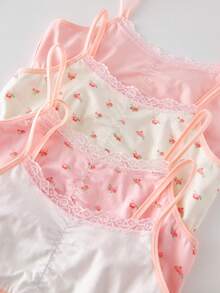 Ensembles de soutien-gorge et de culotte pour préadolescentes - 4 paquets, imprimé floral rose pastel et blanc avec bordure en dentelle, bretelles réglables, taille élastique confortable, léger pour le sommeil, le repos et le port quotidien, idéal pour toutes les saisons, 2026 Vacances, mignon et délicat, essentiel