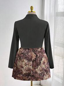 Sweetra 优雅外出上衣、迷你裙、裹身系带短款西装外套、修身时尚衬衫 + 复古向日葵印花 A 字紧身半身裙两件套 - 紫色 - 查看 2