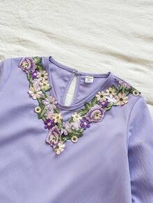 Vintaside Kids 两件套紫色V领花卉刺绣图案长袖上衣和舒适弹力腰裤，春秋季 - 紫色 - 查看 5
