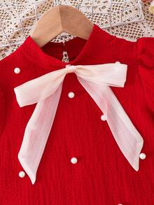 SHEIN 年轻女孩时尚优雅修身珍珠装饰泡泡袖A字编织纹理纯色连衣裙 - 紅色 - 查看 4