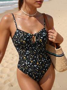 Swim Mod Beach Outfits For Women Women's Ditsy Floral Tie-Up Flower One-Piece Swimsuit, Cute For Vacation Sleeveless Random Ditsy Floral One-Piece Swimsuit For Summer Women's Beach Bikinis Summer 2026 Beach Outfit For Women Floral Bathing Suits For Women Black Retro Swimsuit Women Cheetah Print Bathing Suit Women Rhinestone Swimsuit Sequin Swimsuit Floral Print Swimsuit One Piece Swimsuit Black Floral Swimsuit