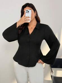 Auralis Áo kiểu nữ cỡ lớn mùa thu/đông, thanh lịch, thoải mái và phù hợp mặc hàng ngày. Áo tay loe, ôm eo, cổ chữ V, thắt eo, kiểu công sở, áo đen, mùa xuân. - màu đen - Xem 6