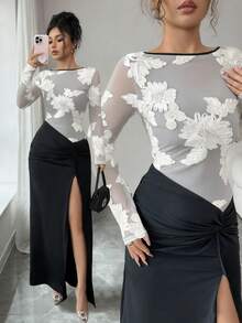 Rafferiza 女士优雅性感修身网纱刺绣拼接高开衩连衣裙 - 黑與白 - 查看 5