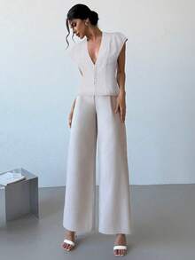 Firerie Elegant Lightweight Linen-Like V-Neck Cap Sleeve Blouse And High Waist Pleated Wide Leg Pants Set, Casual Business Commuter Outfit, Suitable For Spring/Summer, Graduation Ceremony, Teacher Attire, Back To School Season In Autumn/Winter - Apricot - View 8