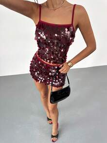 Firerie Women's Elegant Party Glitter Sequin Camisole Spaghetti Strap Sleeveless Party Clubwear Top - Burgundy - View 4