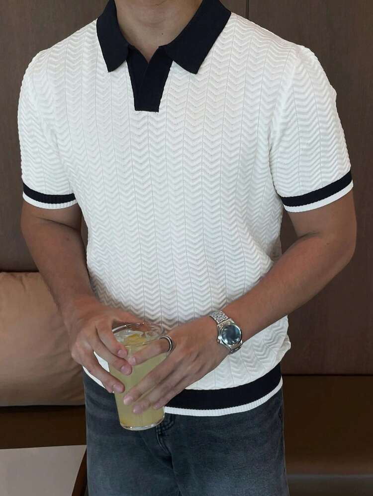 Men's Contrast Color Collar Fitted Knit Top, Spring/Summer