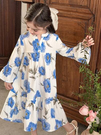 LMoss Kids 女童碎花长袖连衣裙，长袖连衣裙，姐妹装，适合日常生活、派对、生日聚会等场合。可作长裙、睡袍、长裙穿着，适合度假。