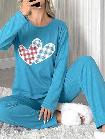 EURMUSE Conjunto de pijama Plus de 2 peças, 100% algodão, com estampa de corações e detalhes xadrez, composto por camisa de manga comprida e calça.