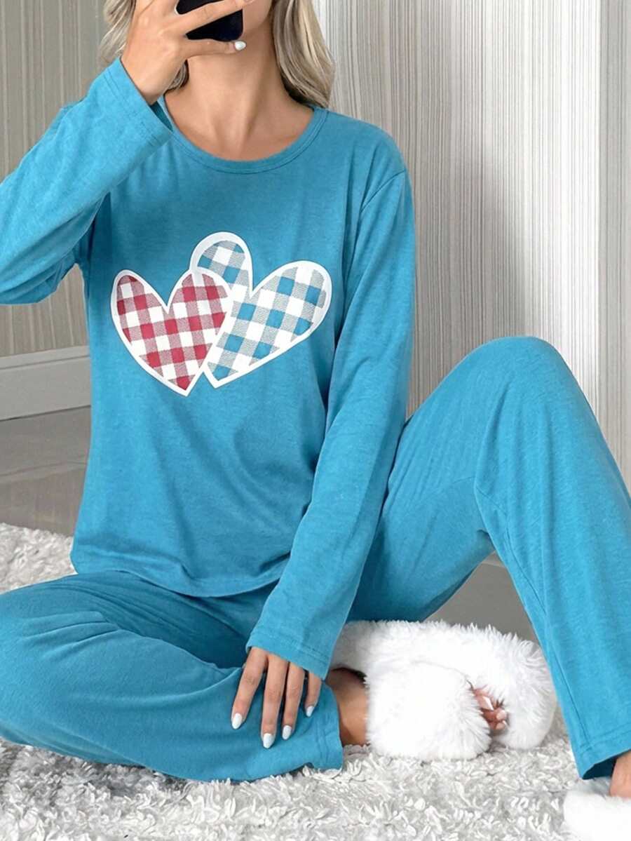 EURMUSE Set de pijama de 2 piezas con camisa de manga larga con estampado de corazón y detalles a cuadros + pantalones, 100% algodón - Azul - Ver 1