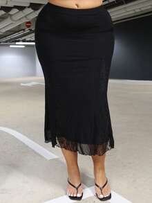 MelDlgn Jupe fishtail en résille à taille haute avec empiècement en dentelle de couleur noire unie pour femme grande taille - Noir - Voir 3
