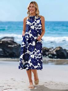 Vestido azul y blanco de estampado floral estilo midi casual, apropiado para primavera/verano para mujeres - Multicolor - Ver 3