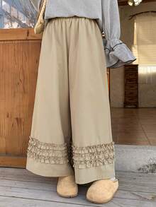 FRIFUL 女士弹力腰宽松阔腿裤，多层荷叶边裤脚，九分裤长 - 杏色 - 查看 4