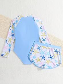 SHEIN 新款时尚女童拼接印花泳衣套装