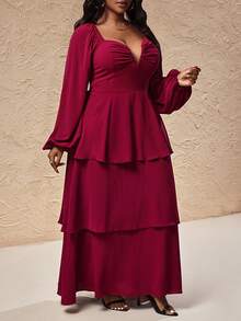 Truni Plus Size Women's Layered Long Sleeve Maxi Dress/Autumn /Winter - Burgundy - View 6