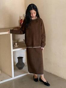 DAZY 2pcs/Set Tween Girls Casual Colorblock Sweater Skirt, Fall - Brown - View 3