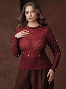 Anewsta Women's Slim Fit Round Neck Pearl Decor Mesh Sheer Blouse T-Shirt Top, Elegant, Casual, Suitable For Spring Outfits