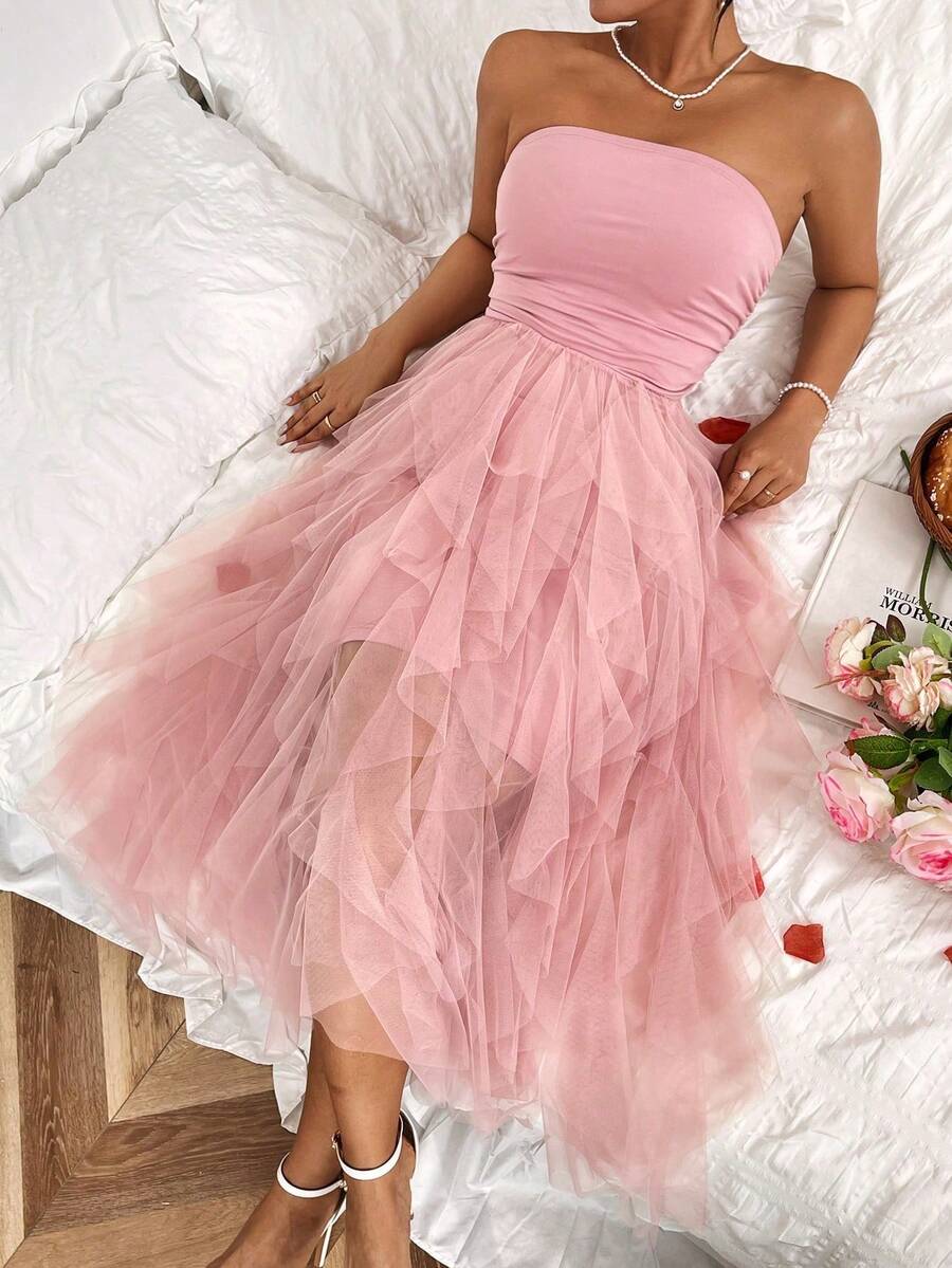 Rafferiza Baby Pink Strapless Mesh Midi Dress For Women Sleeveless Ruched Flared A Line Party Style - Baby Pink - View 1