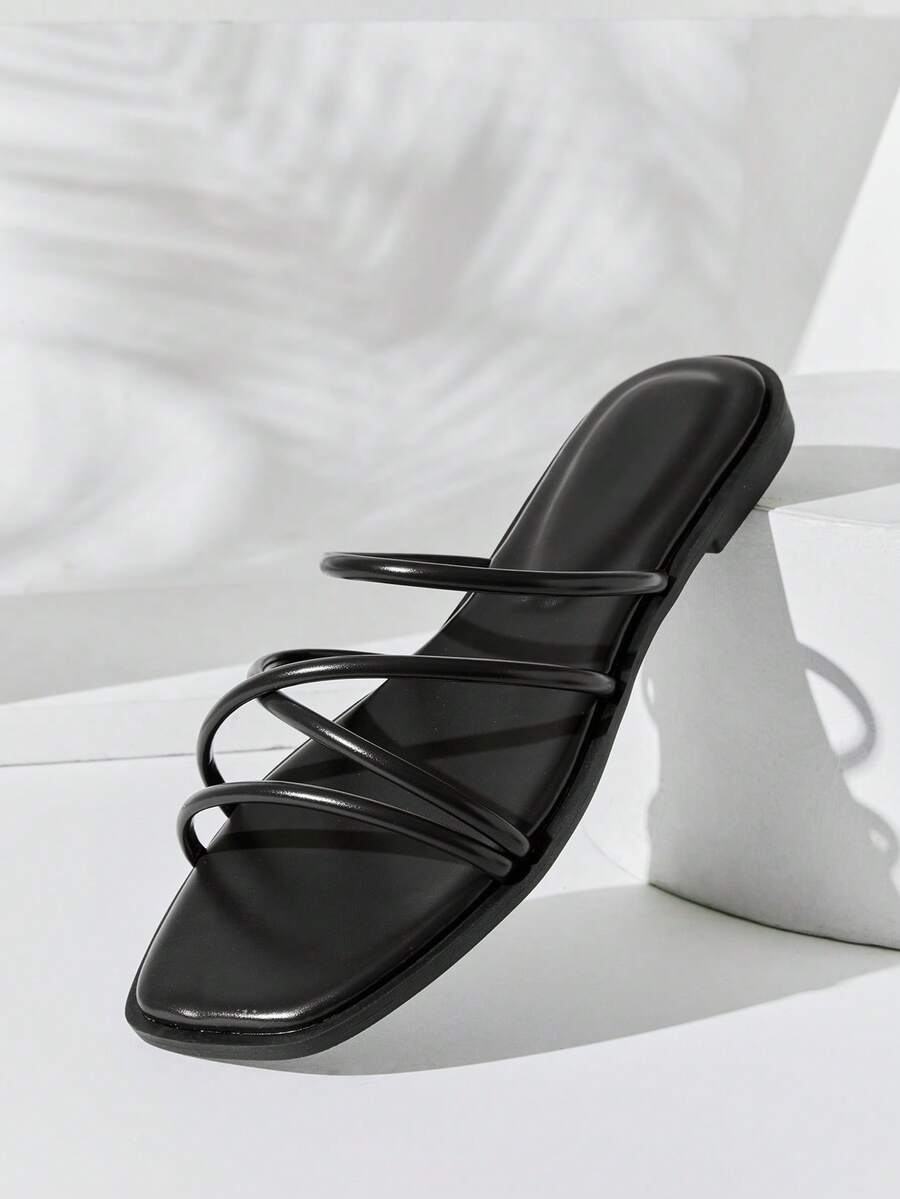SHUZIA #SummerEssential Women's Square Toe Multi-Strap Premium Faux Leather Black Slide Sandals – Minimal, & Comfortable - Black - View 1