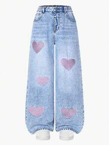 SHEIN ChillGRL 少女时尚做旧爱心刺绣阔腿牛仔裤，适合春、夏、秋、冬，Y2K、学院风、街头风、休闲风、可爱风、复古风，适合秋冬季日常出行、派对、居家、度假、返校、节日穿着，70年代风格牛仔裤 - 淺色水洗藍 - 查看 2