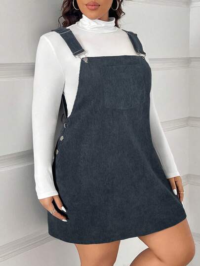 SHEIN EZwear Plus Size Women Solid Color Side Button Design Corduroy Strap Dress, Early Autumn