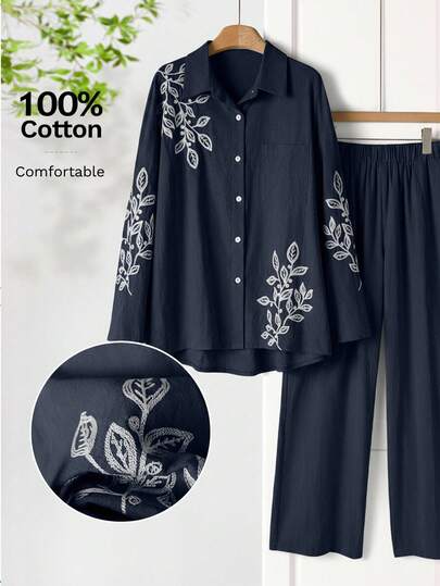 Rusticease 女式植物印花休闲长袖衬衫和纯色裤子套装