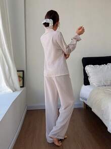 Casual Women's Baby Pink Striped Long Sleeve Pajama Set, Woven Fabric Sleepwear With Collar, Pockets, And Matching Long Pants Soft Pajamas Set Button Up Pajama Set Two Piece Sleepwear Set Sleep Wear Women Set - Baby Pink - View 2