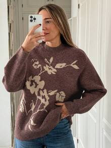 Vivie Lora Suéter casual holgado con estampado floral de bloques de color para mujer - Marrón - Ver 1