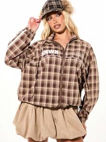 SUMWON WOMEN Plaid Zip Up Bomber Jacket With Pom Pom Hat Streetwear Fall Winter Casual Outerwear Cropped Style - Multicolor - View 1