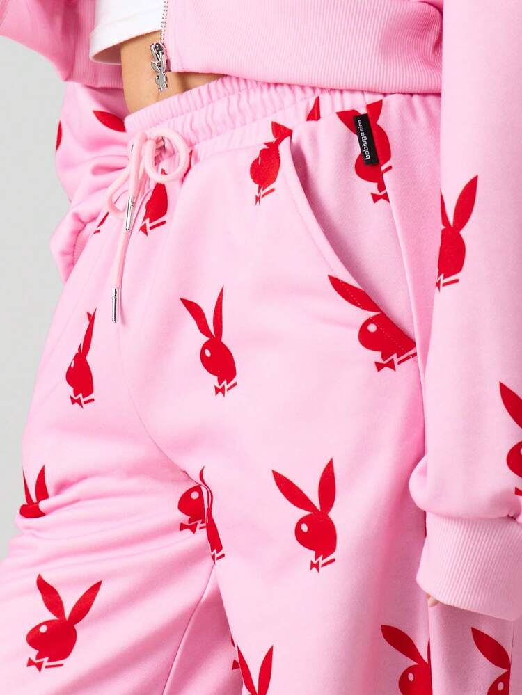 Missguided x Playboy Bunny Printed Wide Leg Drawstring Sweatpants Lounge Joggers Elastic Waist Casual Palazzo Style Track Pants For Comfort Sleepwear Relaxed Fit