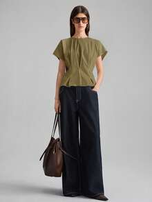 Ontre Women's Gathered Cap Sleeve Round Neck Cap Sleeve Top, Urban Commute Business Casual Wear, Elegant For Outings, Dates, Weddings, Vacations - Army Green - View 4