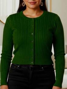 Suéter de mujer estilo casual tejido acanalado elástico ajuste entallado cuello redondo manga larga otoño invierno oficina suéter - Verde militar - Ver 1