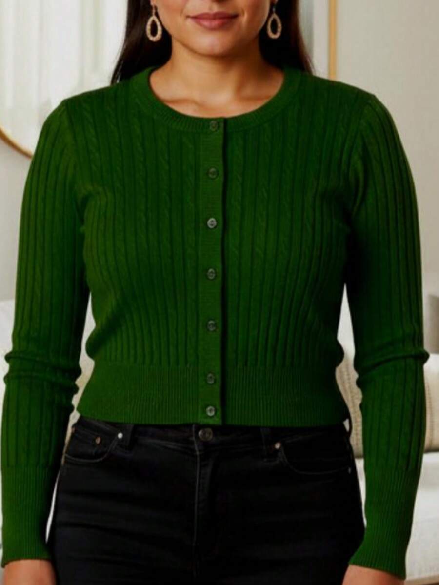 Suéter de mujer estilo casual tejido acanalado elástico ajuste entallado cuello redondo manga larga otoño invierno oficina suéter - Verde militar - Ver 1