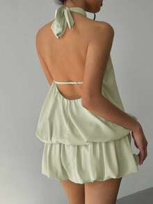 Aloruh Women's Simple Solid Color Halter Backless Bubble Hem Mini Dress, Summer - Green - View 2