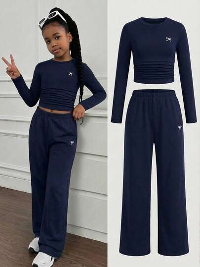 SHEIN Tween Girls Versatile Butterfly Pattern Long Sleeve Top And Pants 2 Pieces Set, Navy Blue
