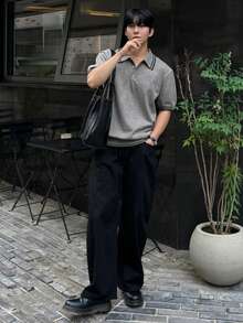 DAZY Men's Contrast Collar & Cuff Polo Neck Knit Top, Spring/Summer - Grey - View 4