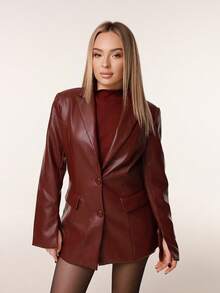 Katetique Veste de costume en PU bordeaux vintage avec taille cintrée pour femmes. Tenue de bureau, sirène, Halloween, Thanksgiving, Noël, automne/hiver - Rouge foncé - Voir 5